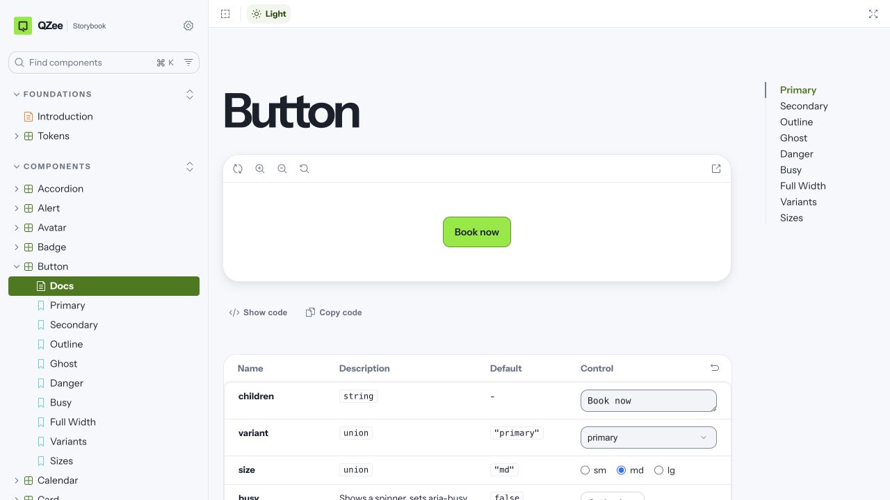 QZee-branded Storybook documentation for the Button component, showing the live primary variant, controls, variants, and component navigation