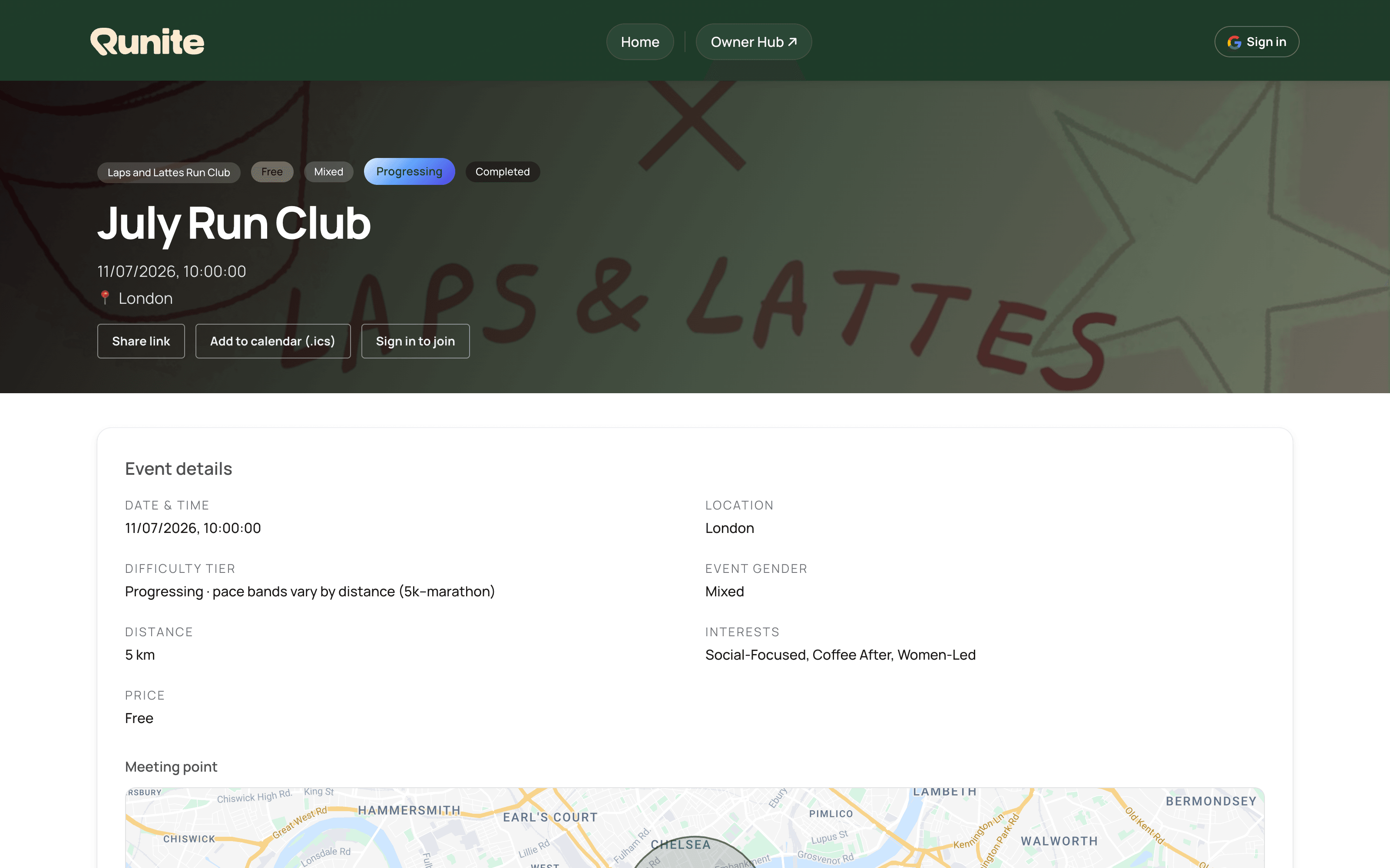 Runite event page with difficulty badge and map