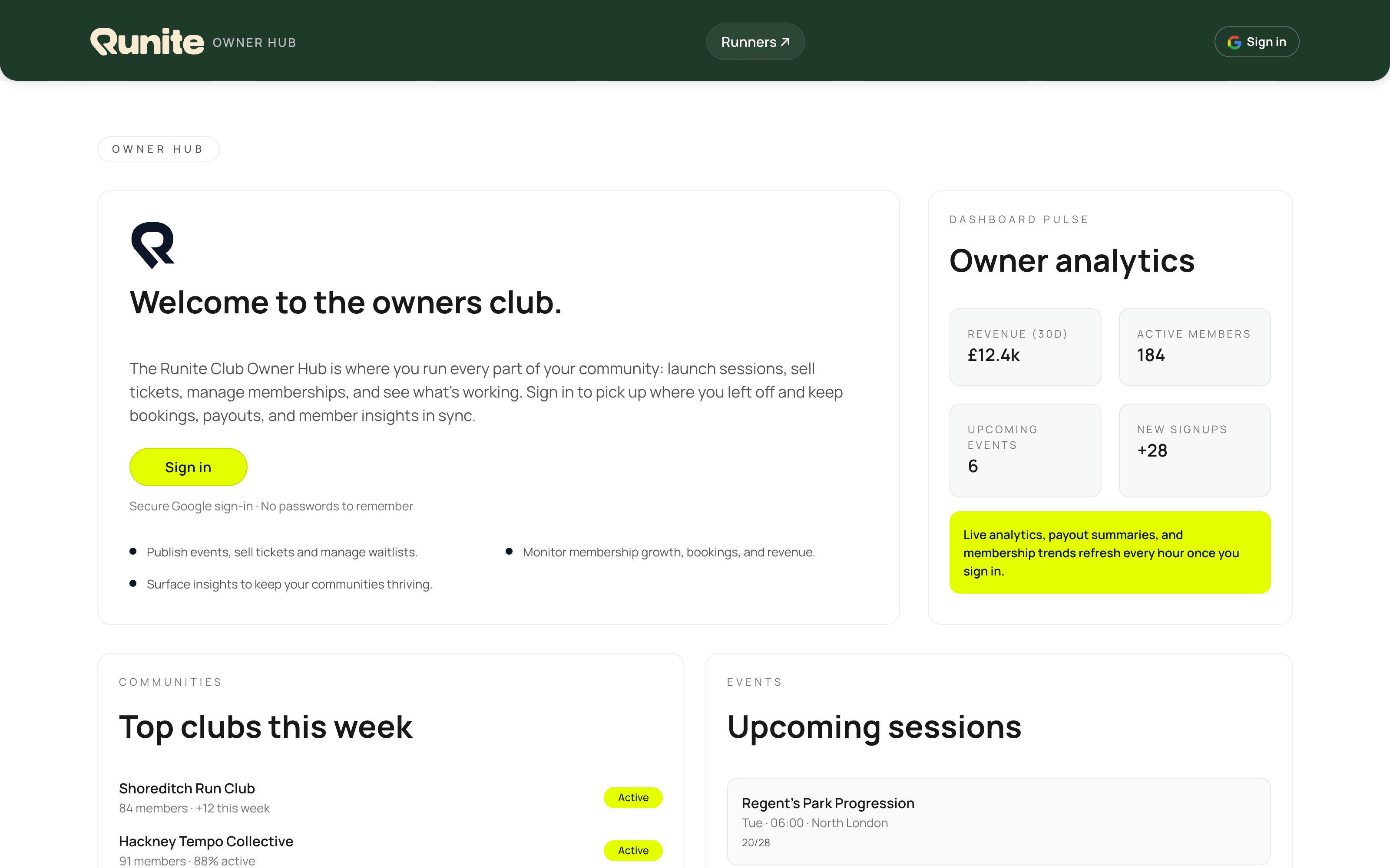 Runite Owner Hub: a leader's communities and events