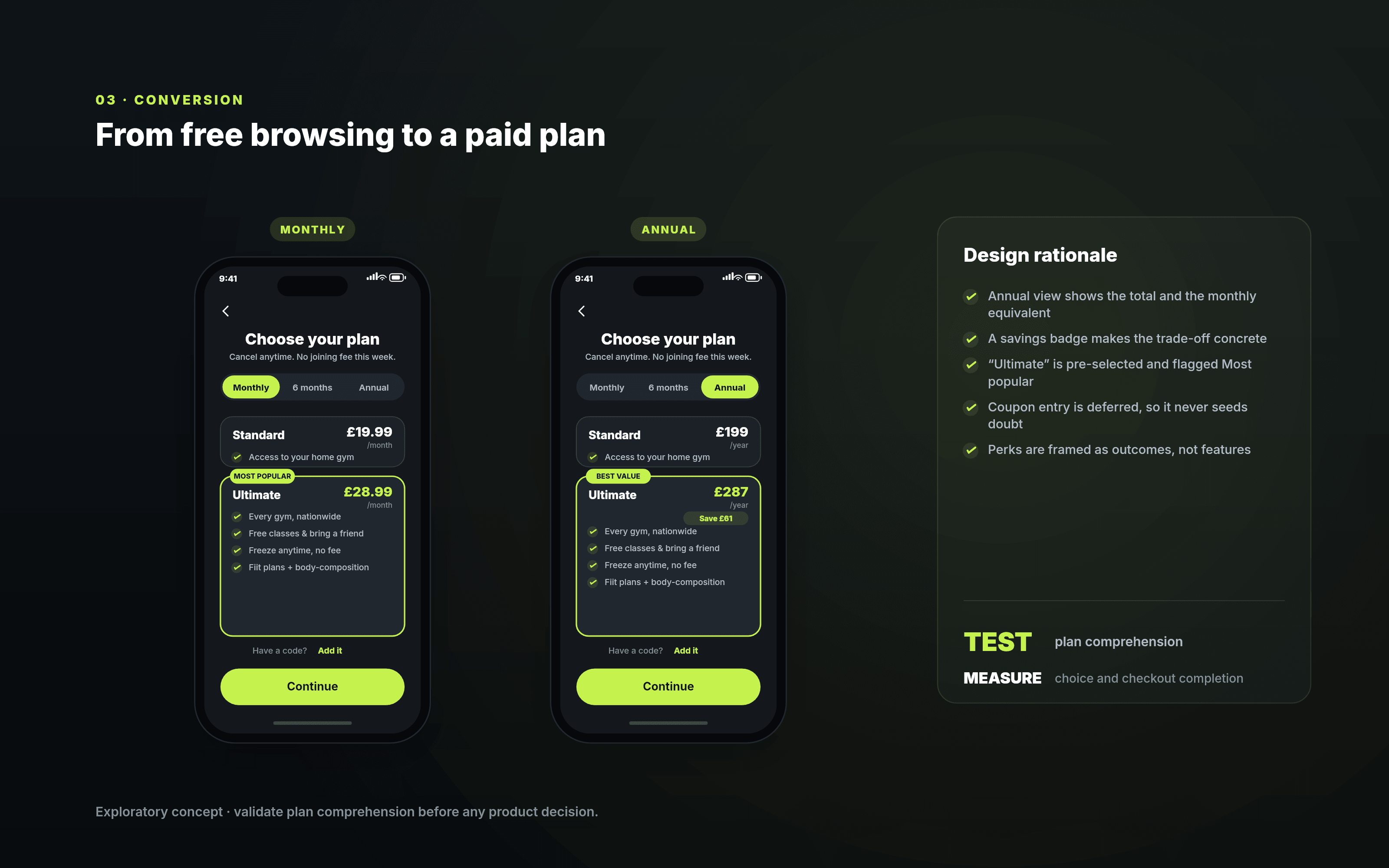Reconstructed mobile membership concept comparing Standard and Ultimate Gym Group plans with billing choices and benefits