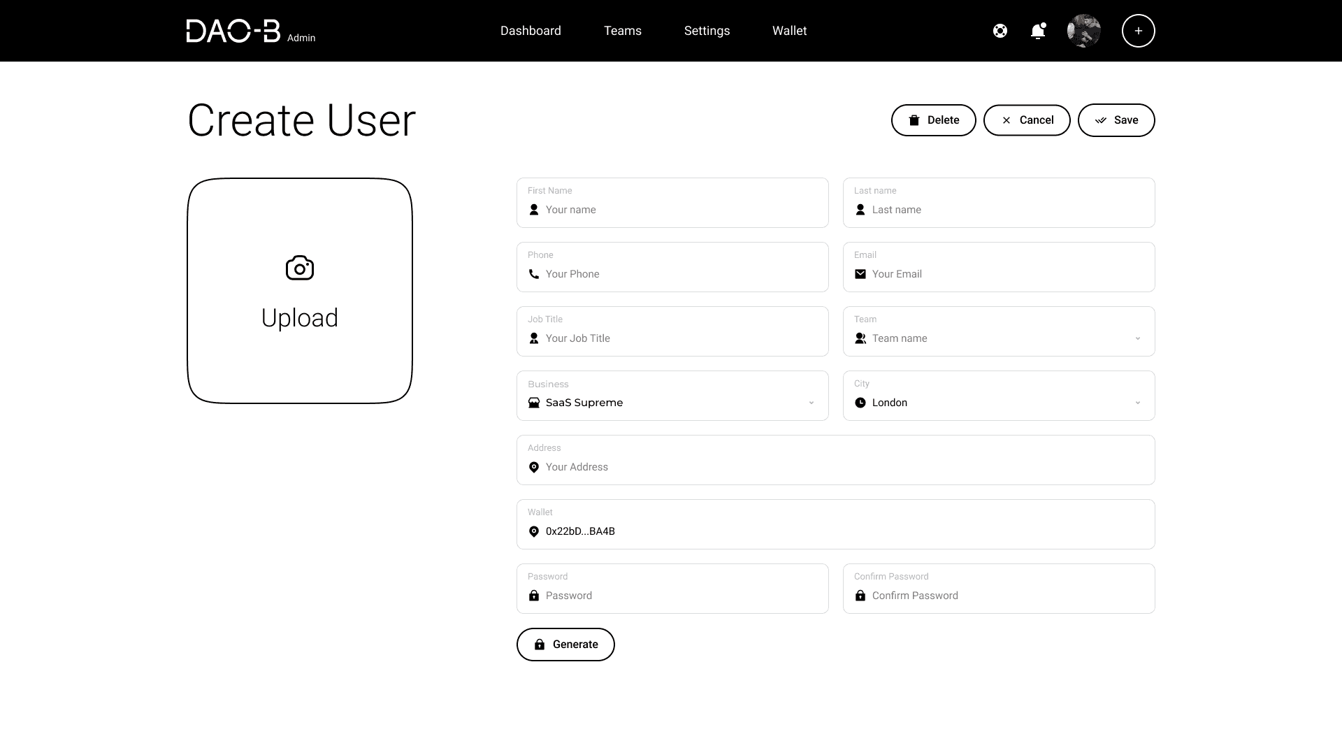 DAO-B create user form with profile upload, contact fields, team, business, wallet and password fields