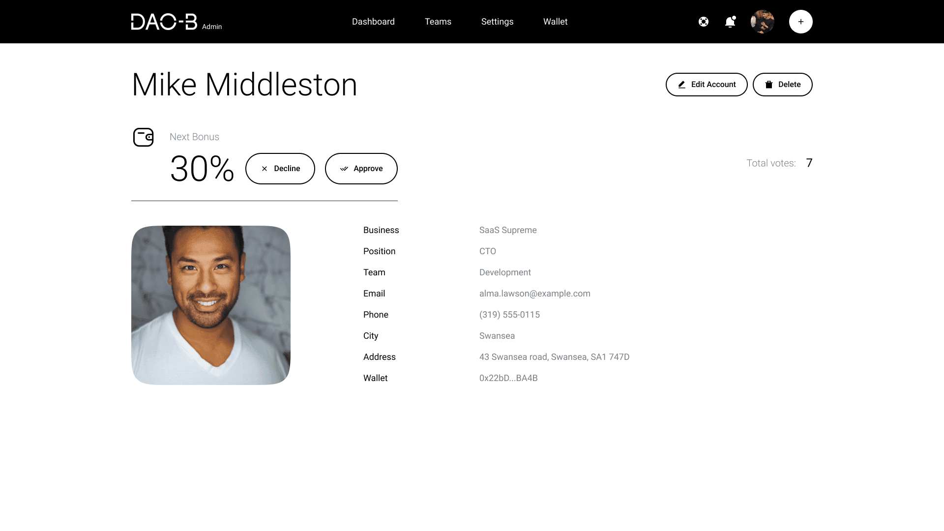 DAO-B user profile showing next bonus, approval actions, profile photo and account details