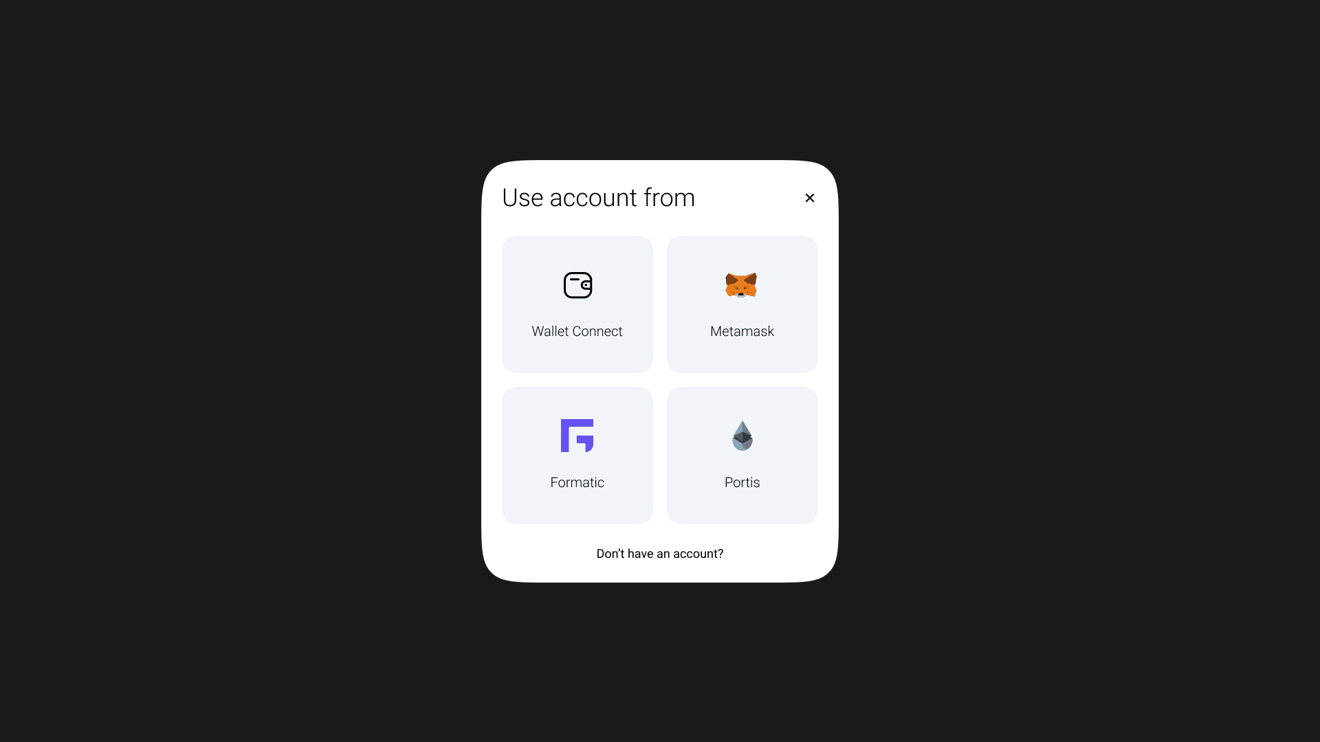 DAO-B wallet connection modal with Wallet Connect, Metamask, Fortmatic and Portis options