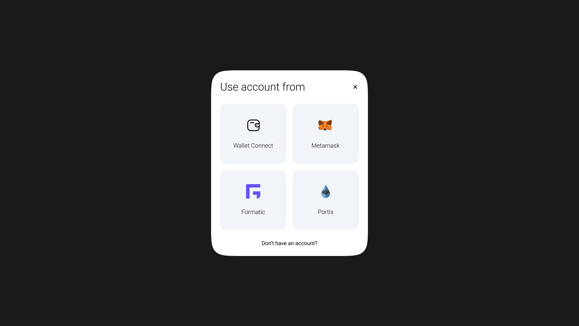 DAO-B wallet connection modal with Wallet Connect, Metamask, Fortmatic and Portis options