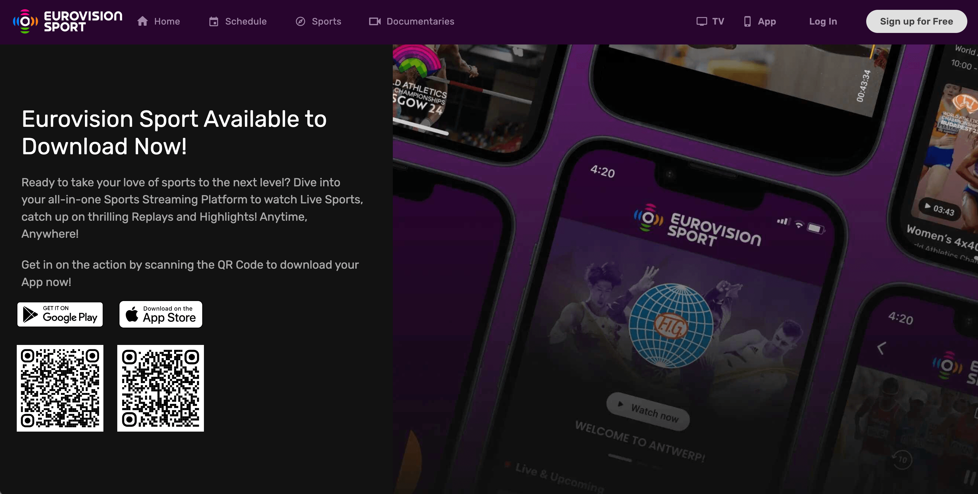 Eurovision Sport desktop page promoting the mobile app with App Store and Google Play badges, QR codes, and phone mockups
