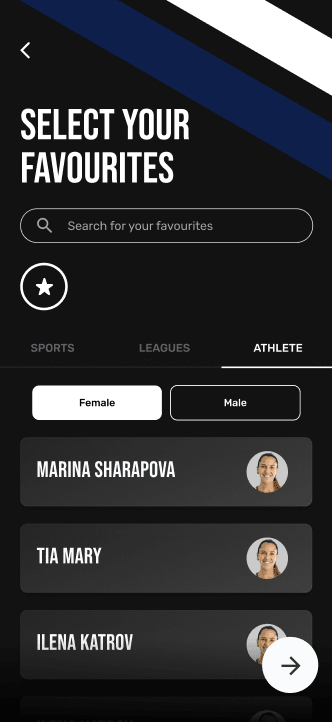Early NAGRA working-brand favourites setup with athlete filters and selectable athlete rows