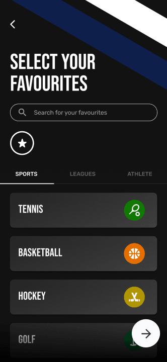 Early NAGRA working-brand favourites setup with sports search, tabs, and selectable sports cards
