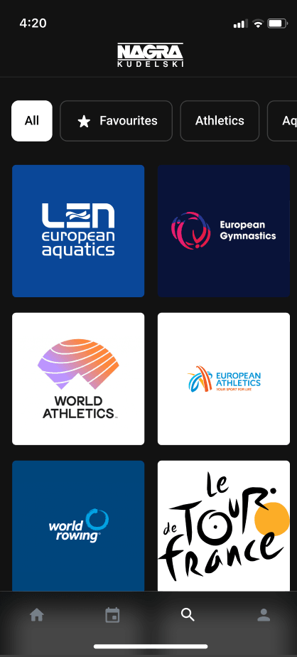 Mobile federation grid with European Aquatics, European Gymnastics, World Athletics, World Rowing, and Tour de France tiles