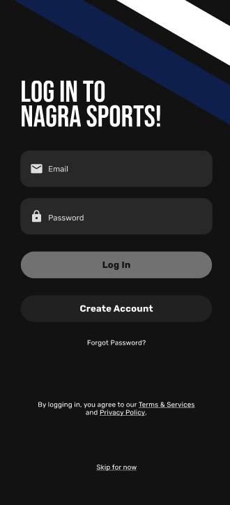 Early NAGRA working-brand login screen with email, password, account creation, forgotten password, and skip options