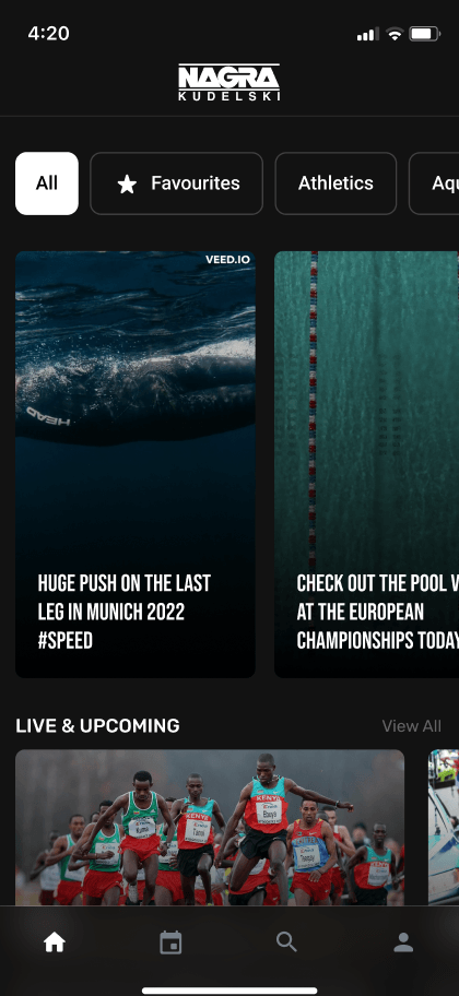 Early NAGRA working-brand mobile home with category filters, featured stories, live and upcoming events, and bottom navigation