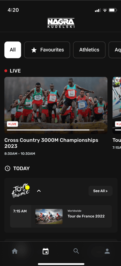 NAGRA Sports live schedule screen with a cross country championship card and today's Tour de France listing