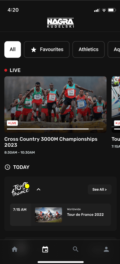 Early mobile schedule with a live championship card and today's event listing