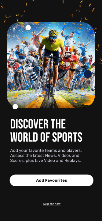Early NAGRA working-brand onboarding screen inviting users to discover sports and add favourites