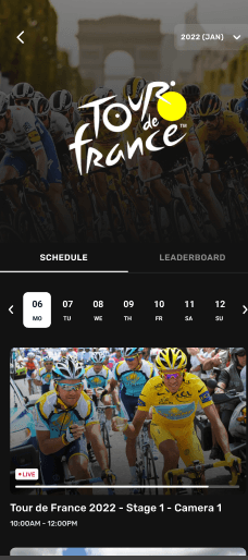 Tour de France competition page with schedule tab, date selector, and a live Stage 1 camera card