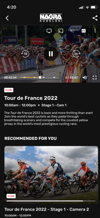 Mobile live video player for Tour de France 2022 with playback controls and recommended content