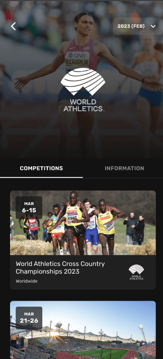 World Athletics federation page with competitions tab and championship cards