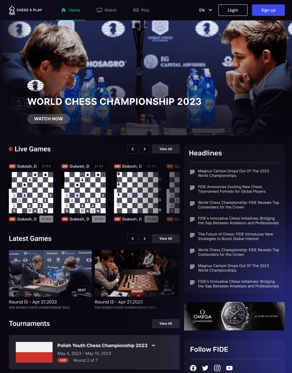 Chess X Play desktop home screen with a World Chess Championship hero, live games carousel, latest game cards, tournament modules, headlines, advertising, and social follow panel