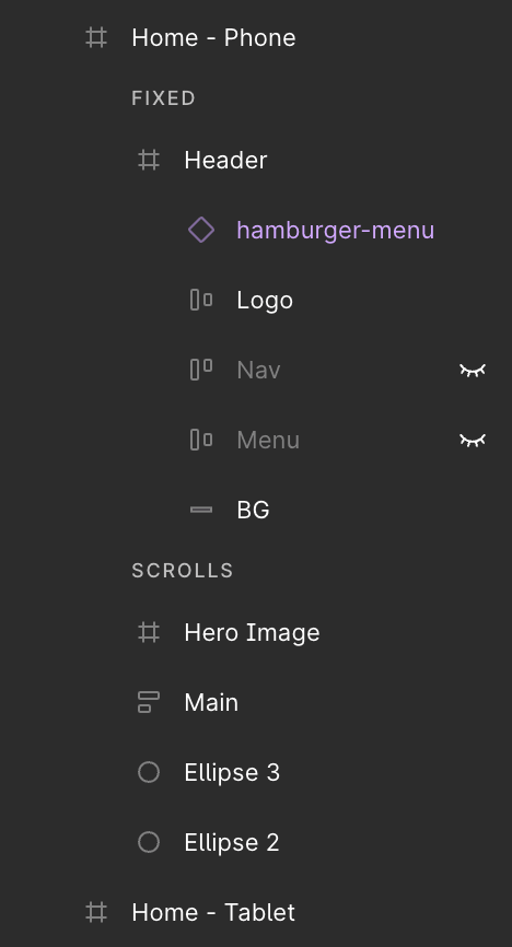 Figma layer list for the Chess X Play phone home screen showing fixed header, hamburger menu, logo, nav, menu background, and scrollable hero and main content layers