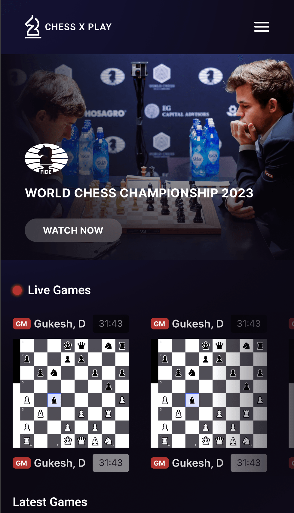 Chess X Play mobile home screen with logo header, championship hero, live game boards, and latest games section