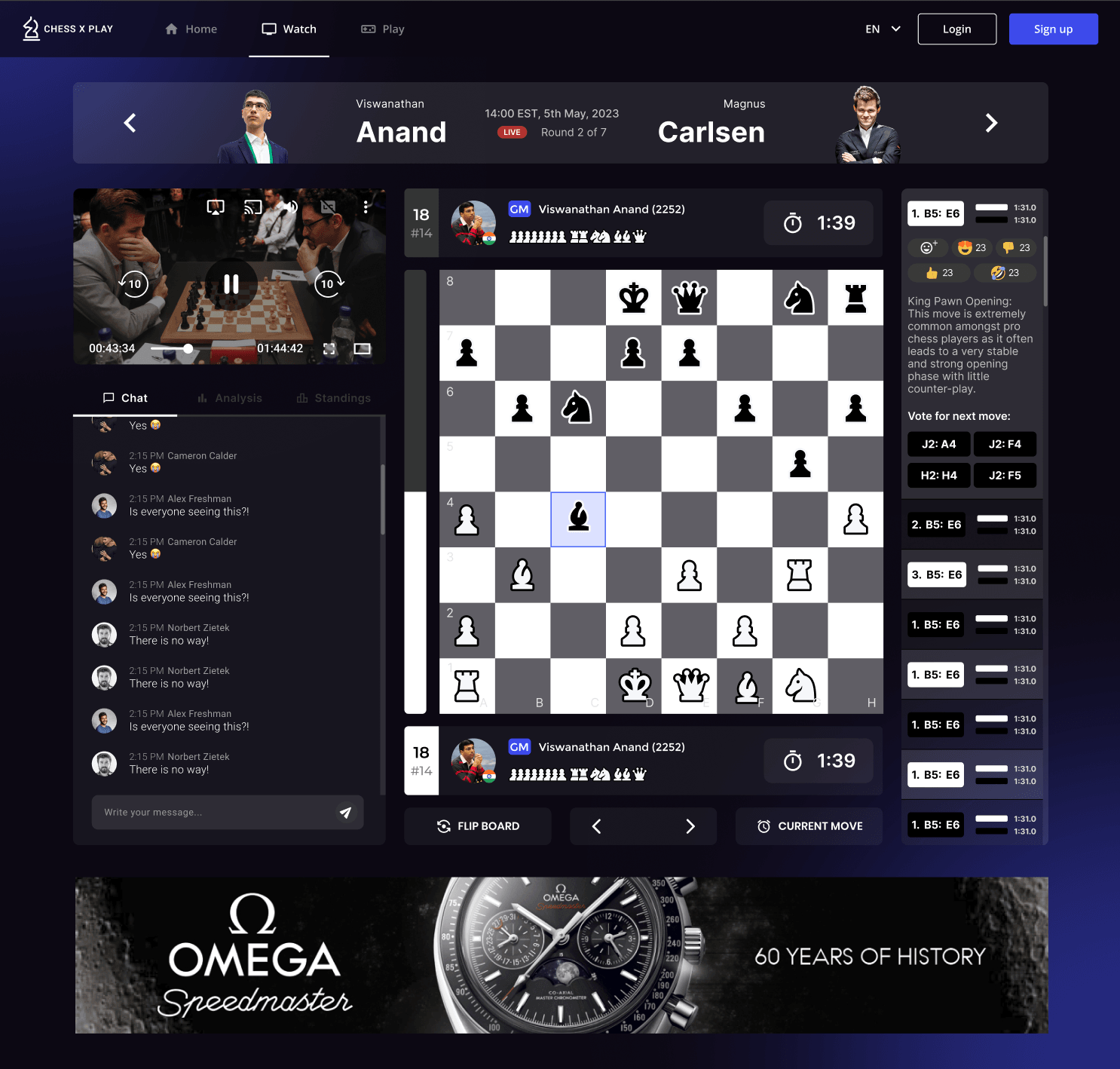 Chess X Play watch page on desktop with Anand versus Carlsen match header, video player, chat panel, large chess board, player clock panels, voting module, move list, and Omega advert