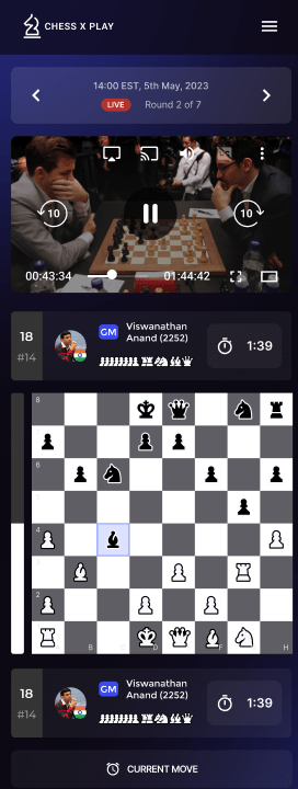 Chess X Play mobile watch page with compact header, video player, player clock card, live board, and current move button