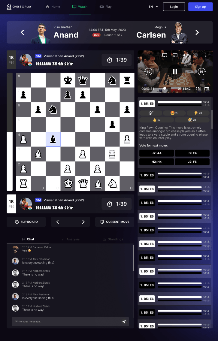 Chess X Play tablet watch page with match header, live board, video, voting sidebar, move list, and chat panel