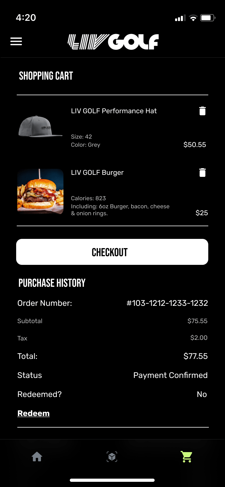 LIV Golf shopping cart with merchandise, order total, payment status and purchase history.