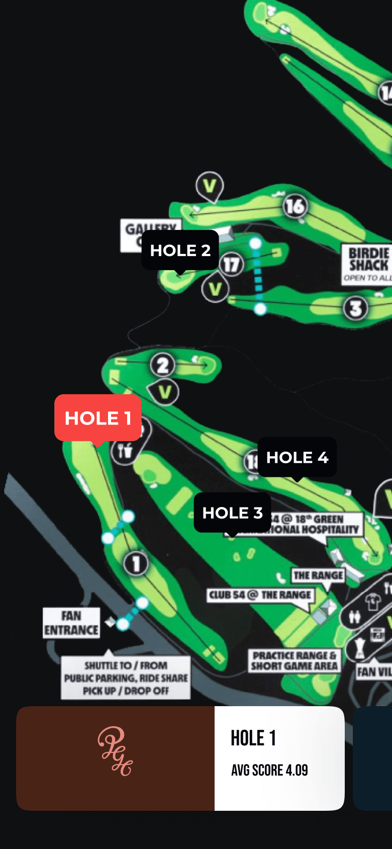 LIV Golf course map with highlighted holes and a selected Hole 1 score card.