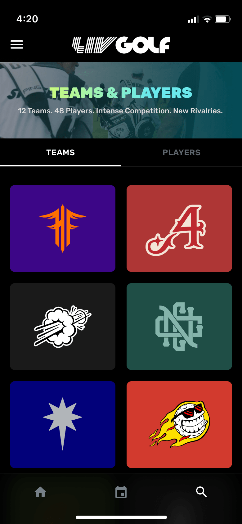 LIV Golf teams and players explorer showing team identities in a two-column grid.