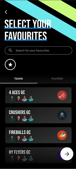 Select your favourites onboarding screen showing teams search and team rows.