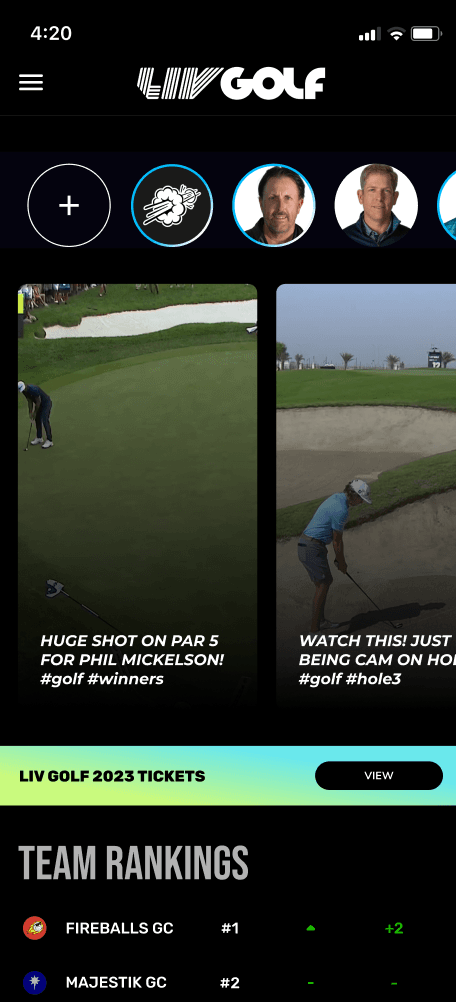 LIV Golf home feed with story circles, vertical golf videos, a tickets banner and team rankings.
