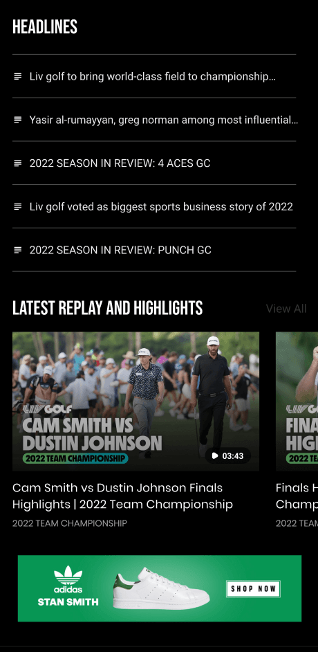 LIV Golf headlines and latest replay screen with news rows, highlight cards and an advert banner.