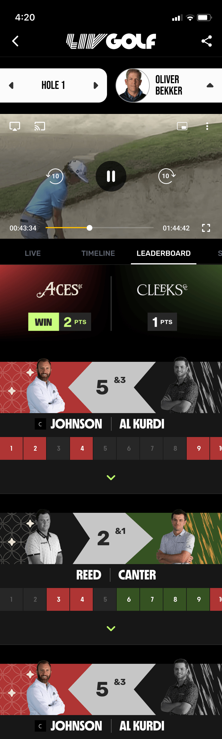 Full LIV Golf match leaderboard combining live video, team points and player pairings.