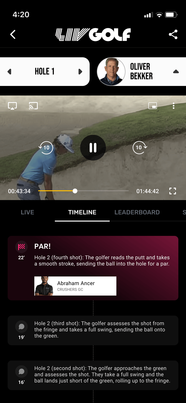 LIV Golf live match screen with video controls and a shot-by-shot timeline for Oliver Bekker.