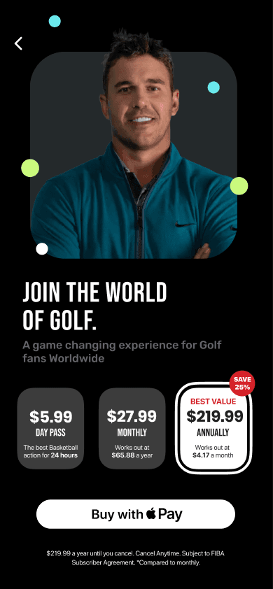 LIV Golf subscription screen with day pass, monthly and annual plan options.
