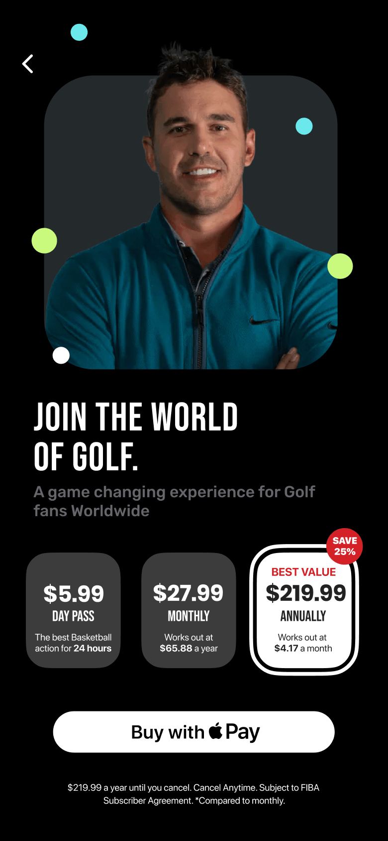 LIV Golf subscription screen with day pass, monthly and annual plan options plus Apple Pay.