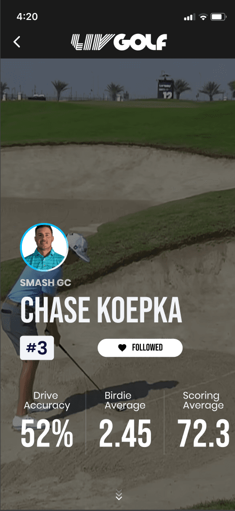 Chase Koepka player hero screen over golf video with rank, follow button and player stats.