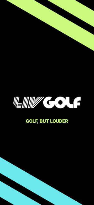 LIV Golf splash screen with diagonal lime and cyan stripes and the tagline Golf, but louder.