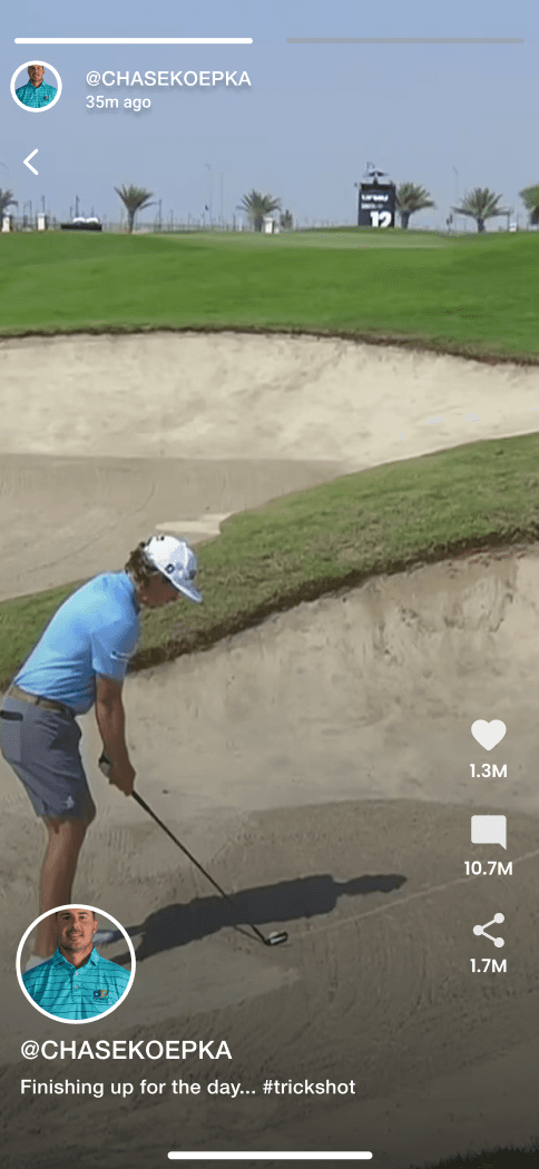LIV Golf story video screen with Chase Koepka video, like, comment and share counts.
