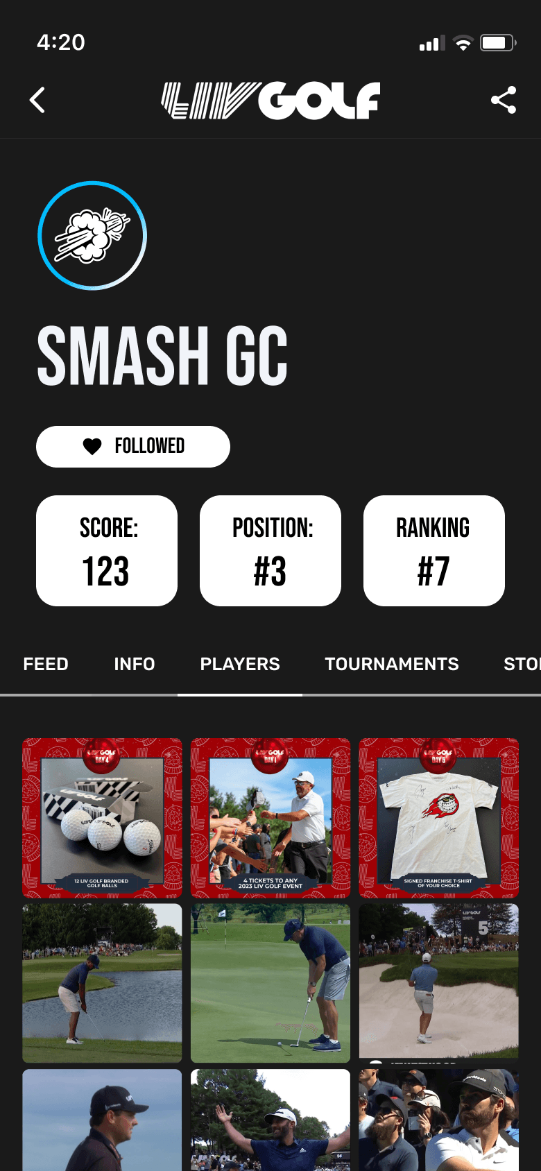 Smash GC team feed with team status, navigation and a grid of social and golf media.