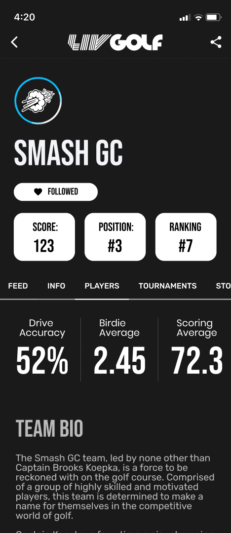 Smash GC team profile info tab with score, position, ranking, team stats and team bio.