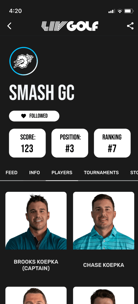 Smash GC players tab with player portrait cards for Brooks Koepka and Chase Koepka.