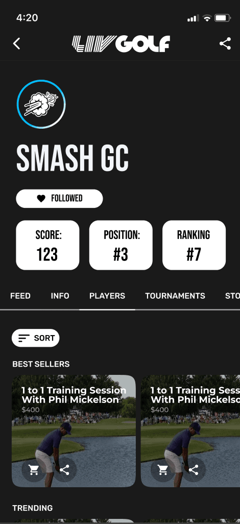 Smash GC store tab with sort control, best sellers and merchandise cards.