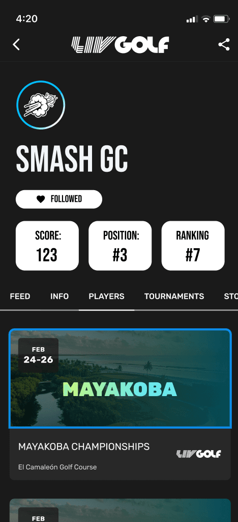 Smash GC tournaments tab with a Mayakoba Championships event card.