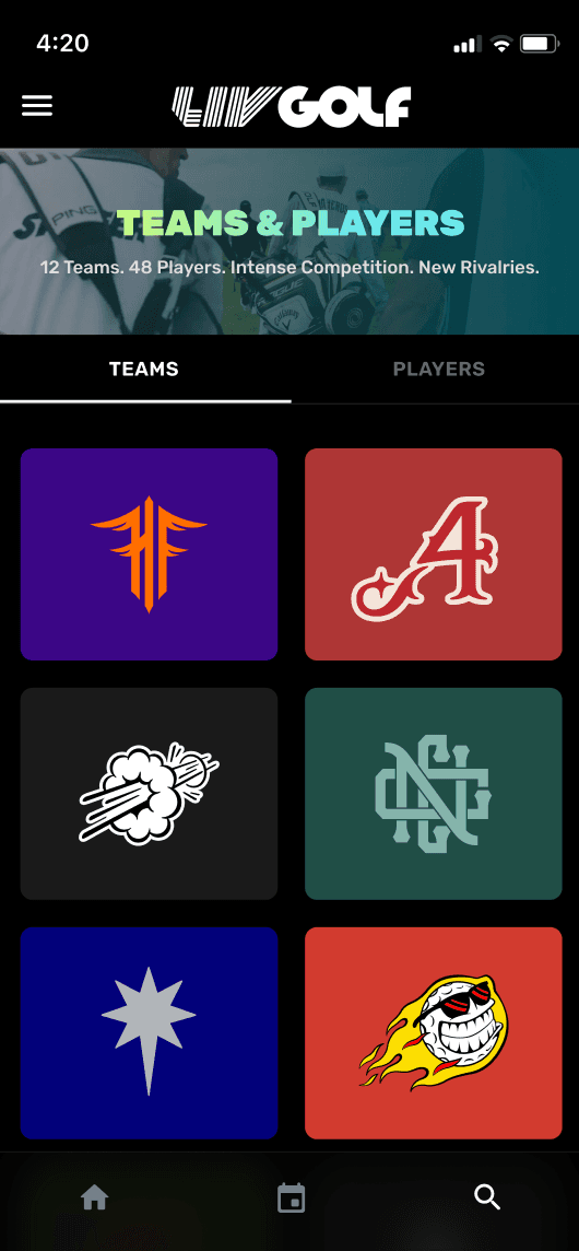 LIV Golf teams and players screen with a grid of team logos.