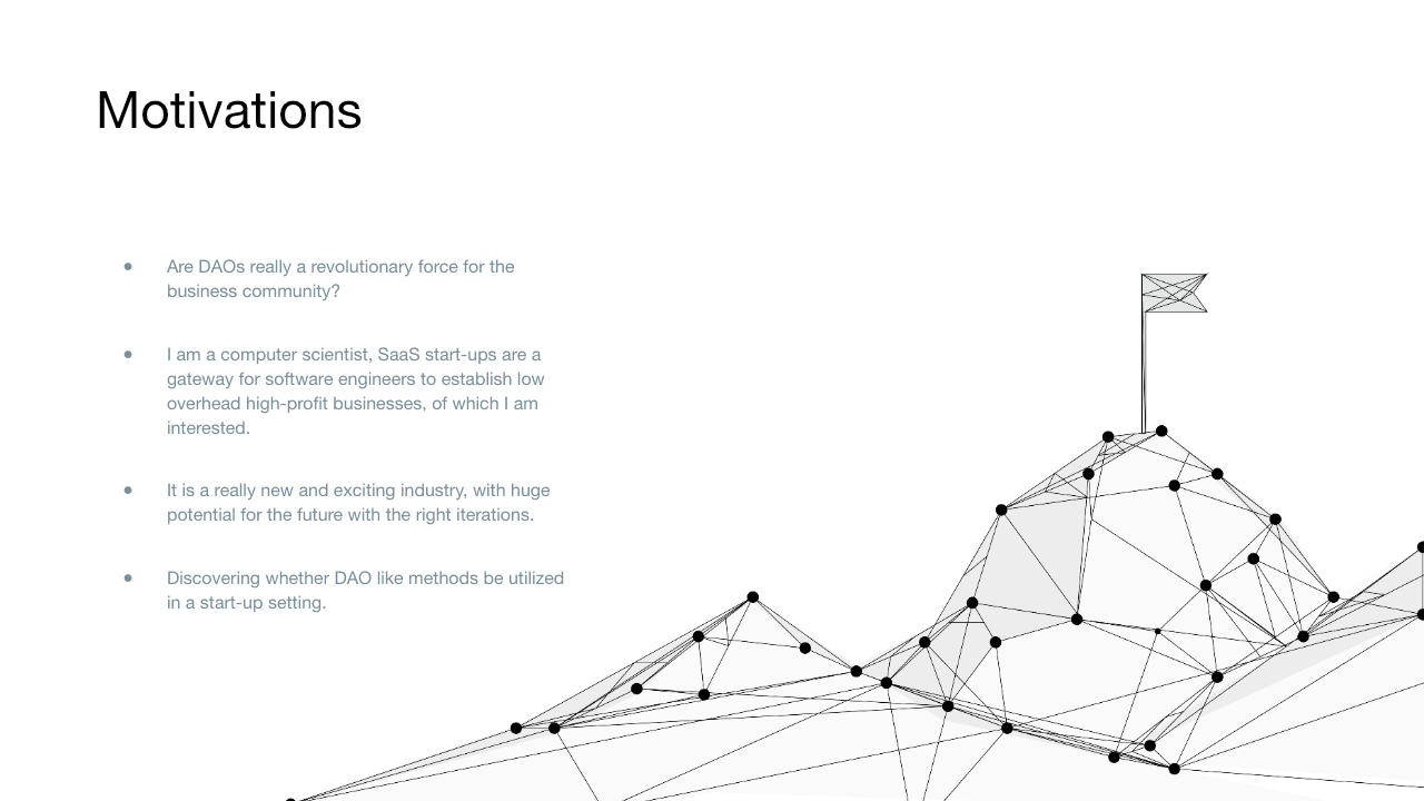 Motivations slide outlining the business and technical questions behind the project, illustrated with a connected network landscape and flag.