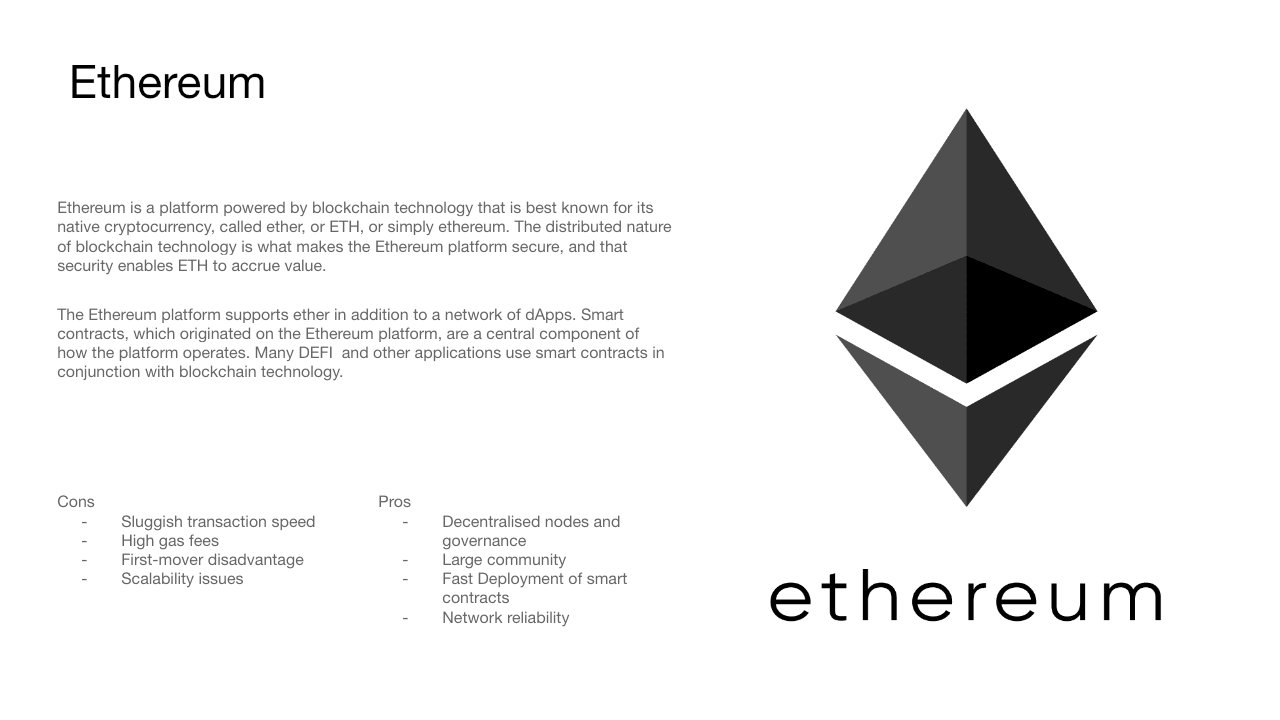 Overview of Ethereum, smart contracts and decentralised applications with an Ethereum logo and concise pros and cons.