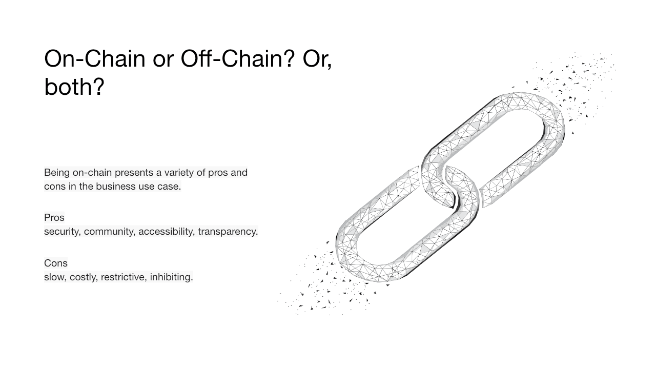 Comparison of on-chain tradeoffs for a business use case beside a fragmented chain-link illustration.