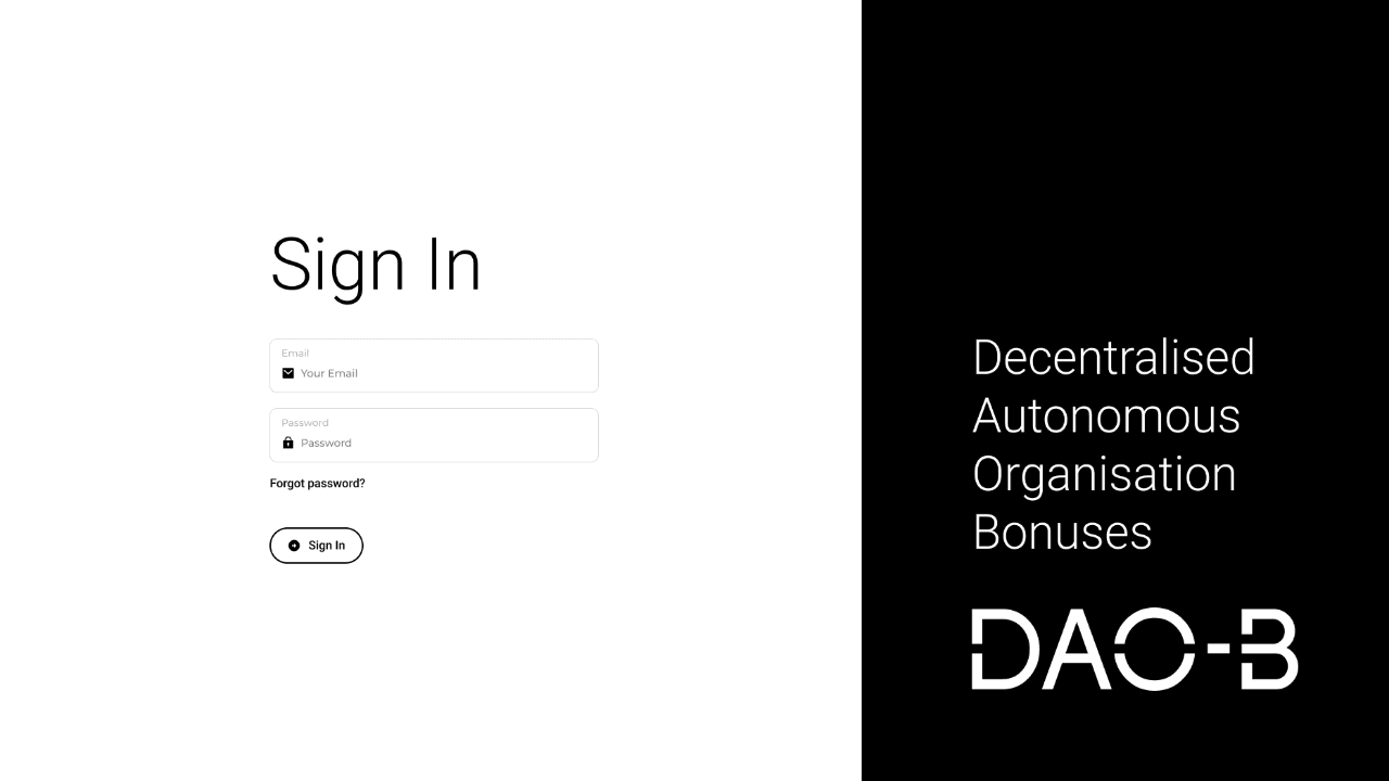 DAO-B sign-in screen with email and password fields beside the expanded product name on a black panel.
