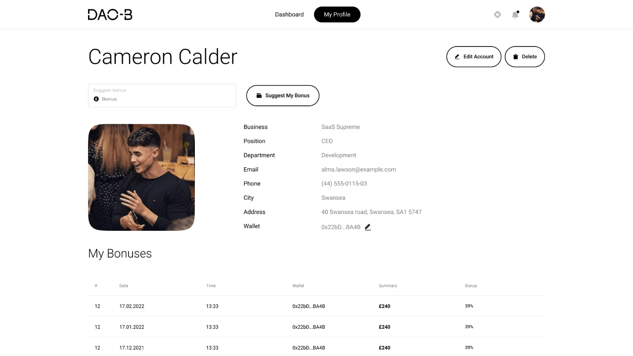 DAO-B profile for Cameron Calder with illustrative account details, wallet address, editing controls and a table of past bonuses.